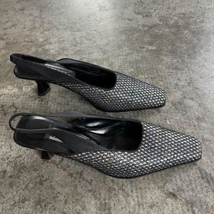 J. Renee Vintage 90s Sparkle Slingback Heels Black Silver Mesh Pointed Toe 7M